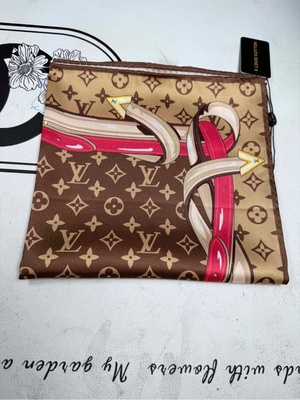 Louis Vuitton Monogram Silk Pouch with Red and Tan Strap Motif